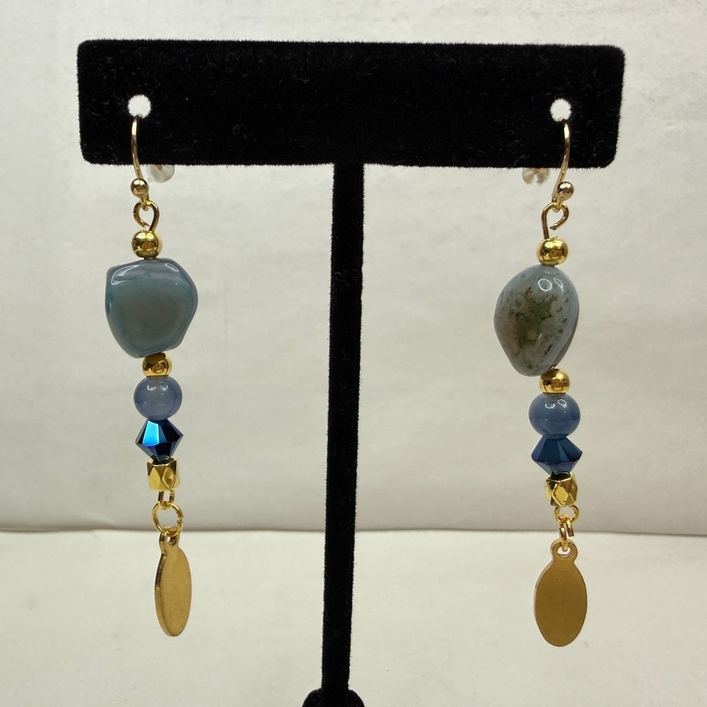 18K Gold Plated Hook Blue Moss Agate Stone Swarovski Crystal Earrings Jewelry